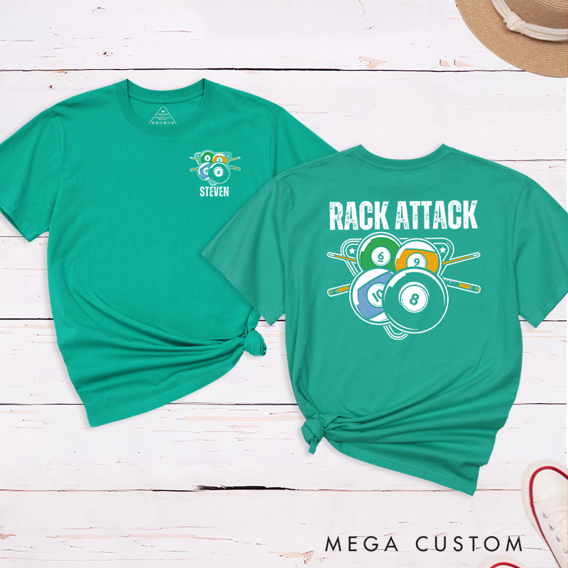 Personalized Billiards, Pool, and Snooker Rack'em Up Crossed T-Shirts Featuring a Unique Design with Your Name