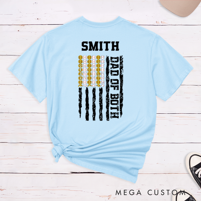 Personalized Dad of Both T-Shirt with Custom Name and Dual Sports Design Perfect Gift for Proud Softball and Baseball Dads
