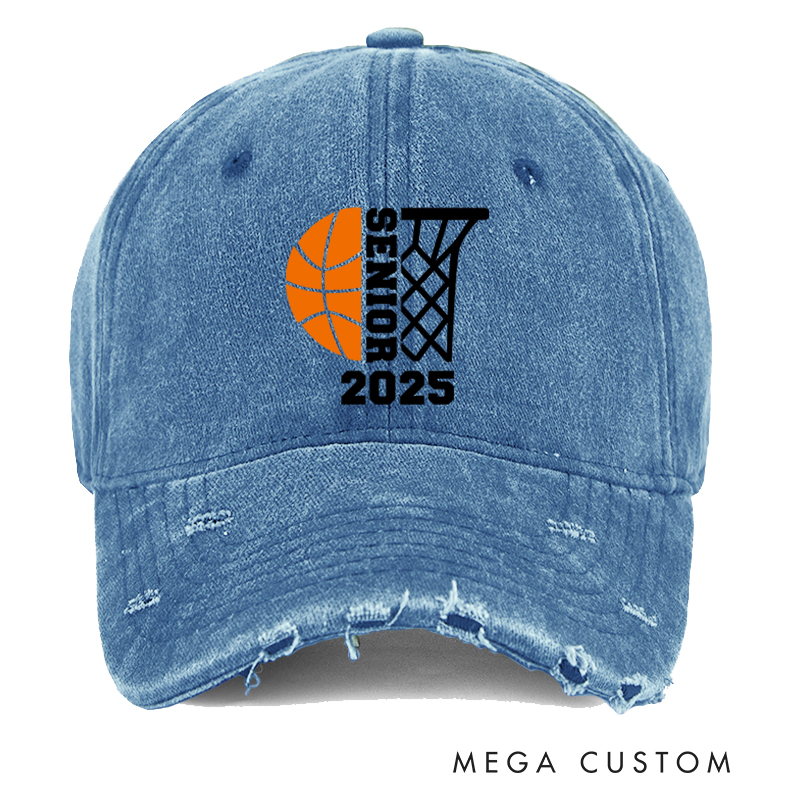 Personalized Distressed Senior Cap with Basketball and Hoop Design and Customizable Year