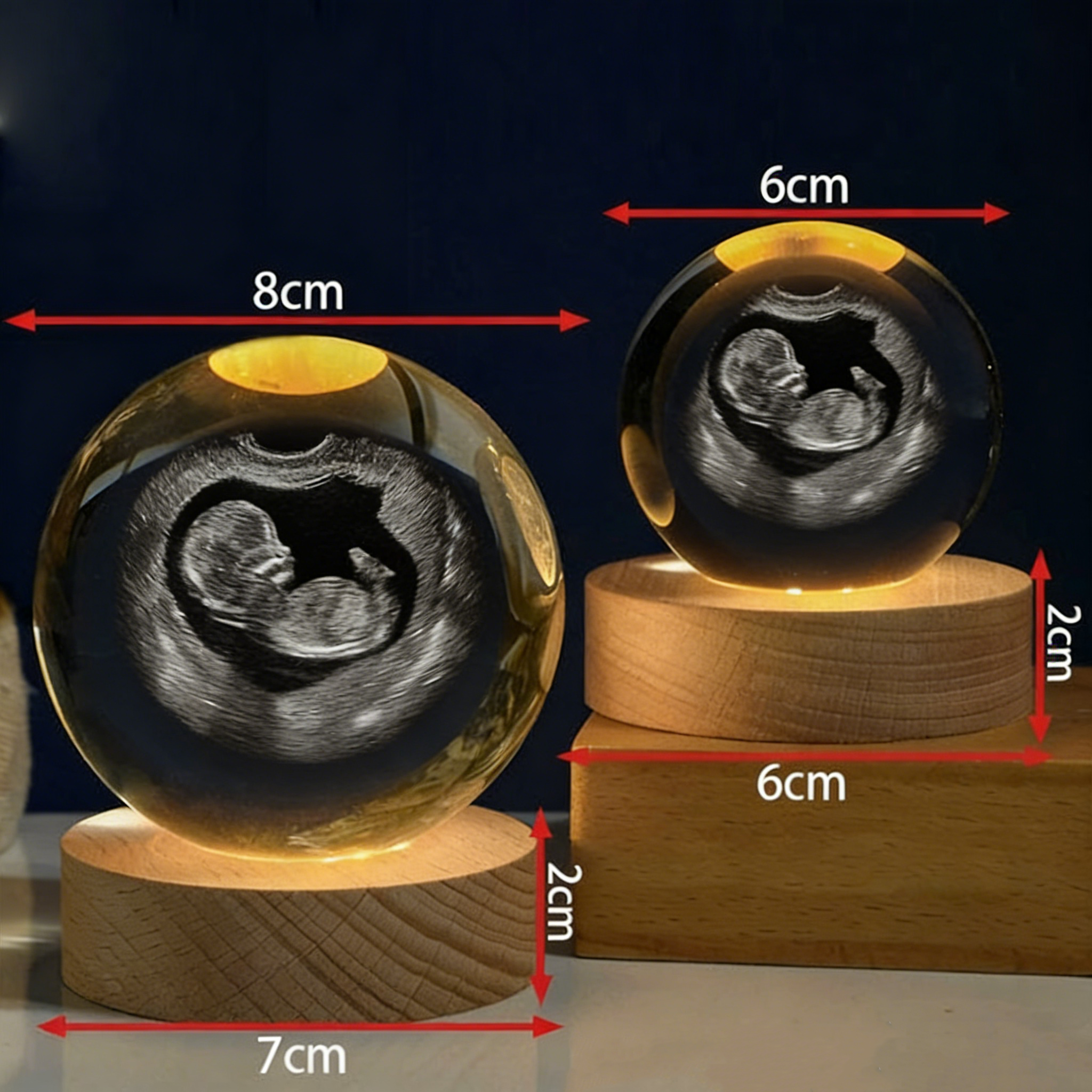 Personalized Crystal Ball Night Light, Custom 2D Photo Ultrasound Picture Frames, Luminous Wooden Base