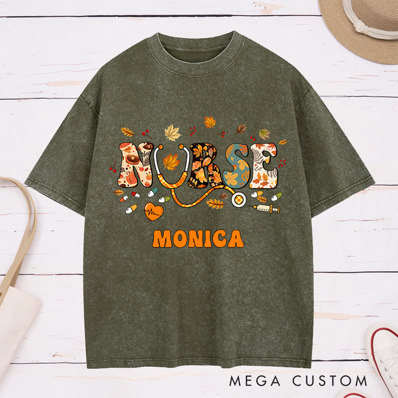 Personalized Nurse Washed T-Shirt Customized Autumn Nurse Design Washed T-Shirt 
