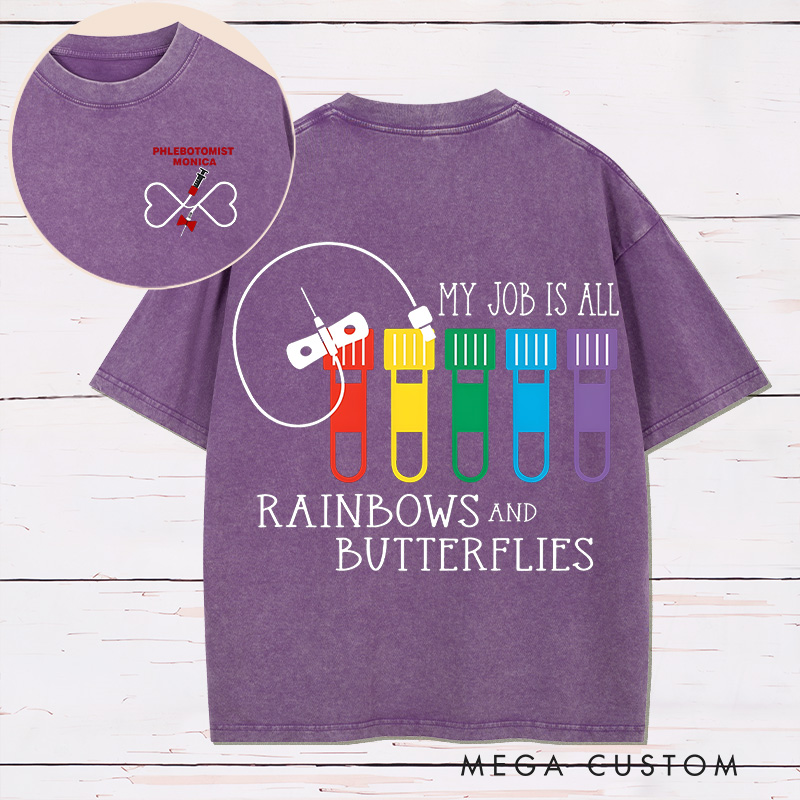 Personalized Two Sides Printed Washed T-Shirt Customized My Job is All Rainbows and Butterflies Design Washed T-Shirt 