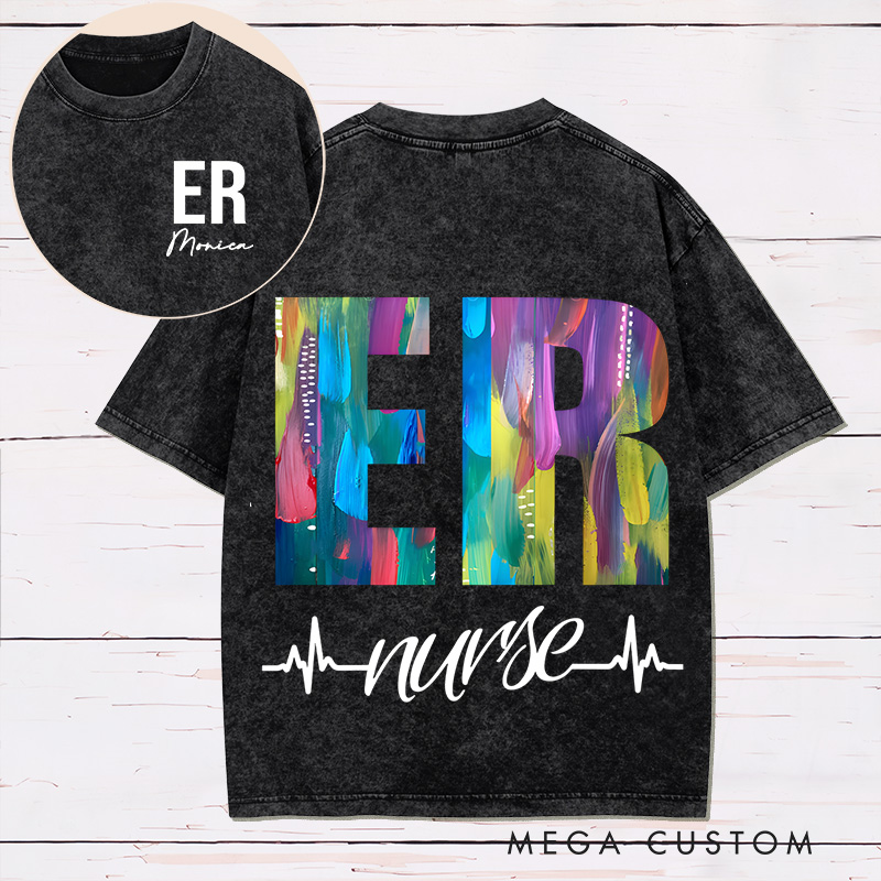 Personalized Two Sides Printed Washed T-Shirt Customized ER Nurse Vibrant Artistic Design Washed T-Shirt 