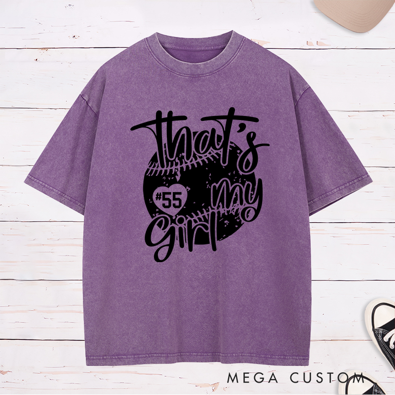 Personalized Softball Washed T-Shirt Design Featuring Customizable Player Number Heart-Shaped Accent Playful Handwritten Script Font and Distressed Softball Graphic for a Stylish and Sentimental Look