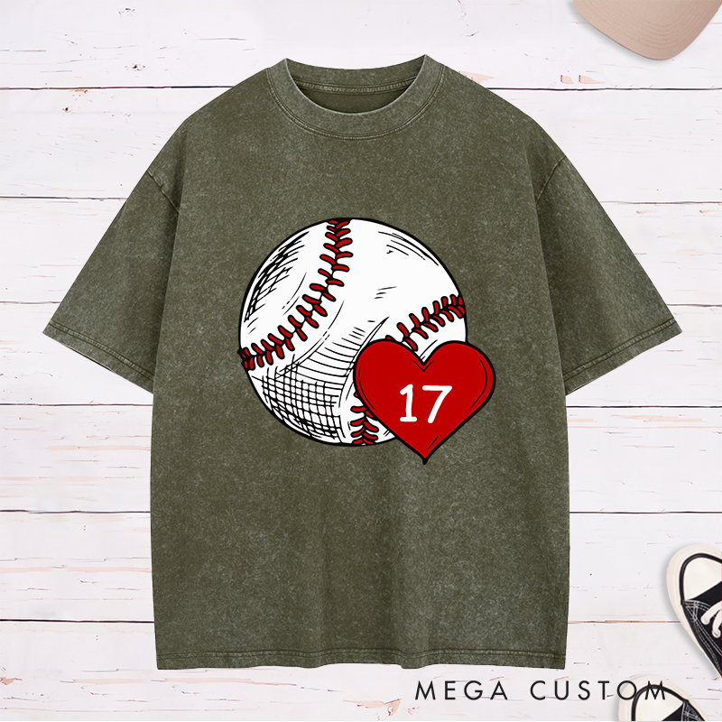 Personalized Baseball Fan Washed T-Shirts with Heart and Number Graphic for a Loving Touch