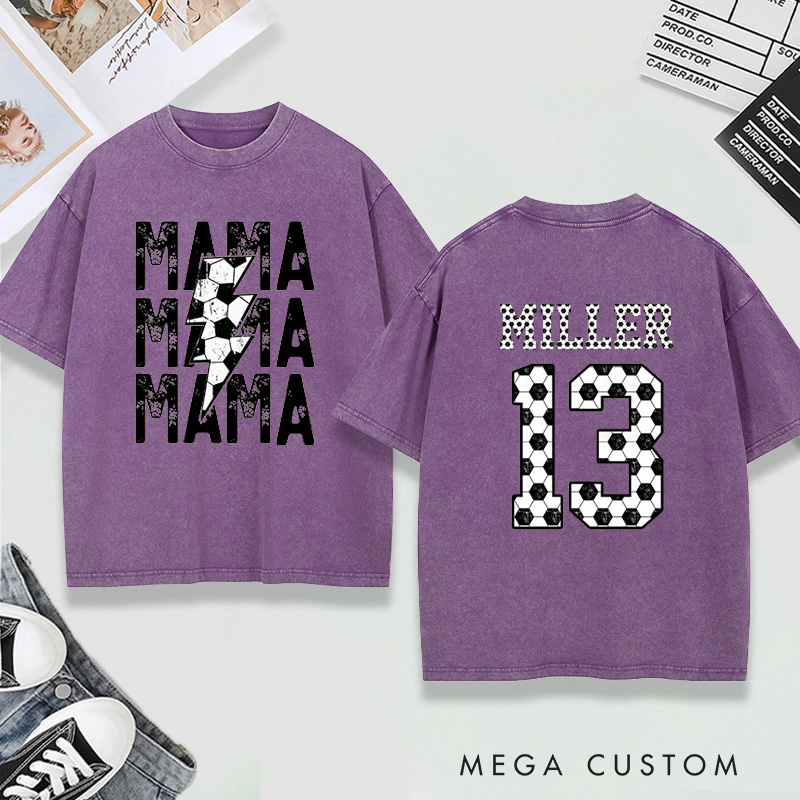 Personalized Washed T-Shirt "Mama" Soccer with Custom Name and Number Design