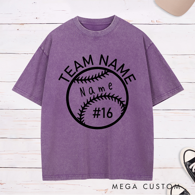 Personalized Softball Washed T-Shirt Design Featuring Custom Team Name Player Name and Jersey Number Inside a Bold Softball Graphic
