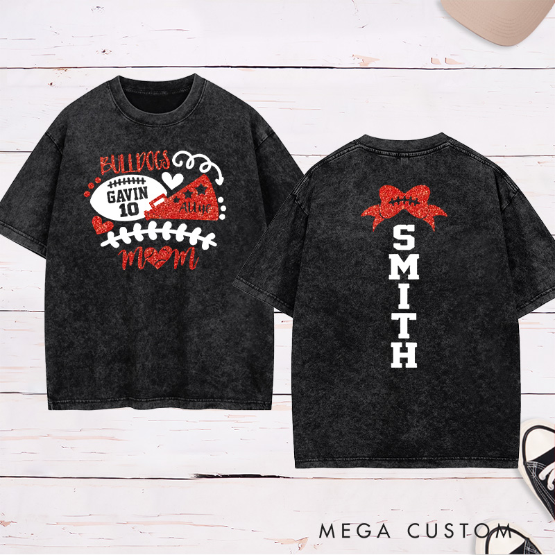 Personalized Glitter American Football and Rugby Cheer Mom Washed T-Shirt with Custom Name and Number