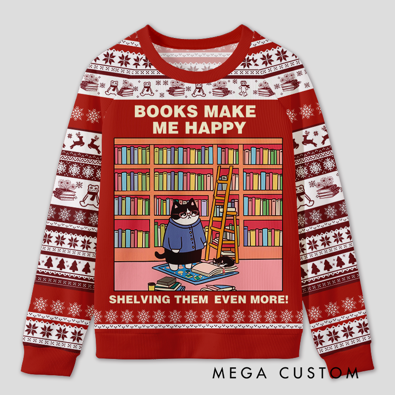Personalized Hilarious Cat Rearranging Bookshelves Ugly Sweater Holiday Gift for Cat-Loving Book Loves