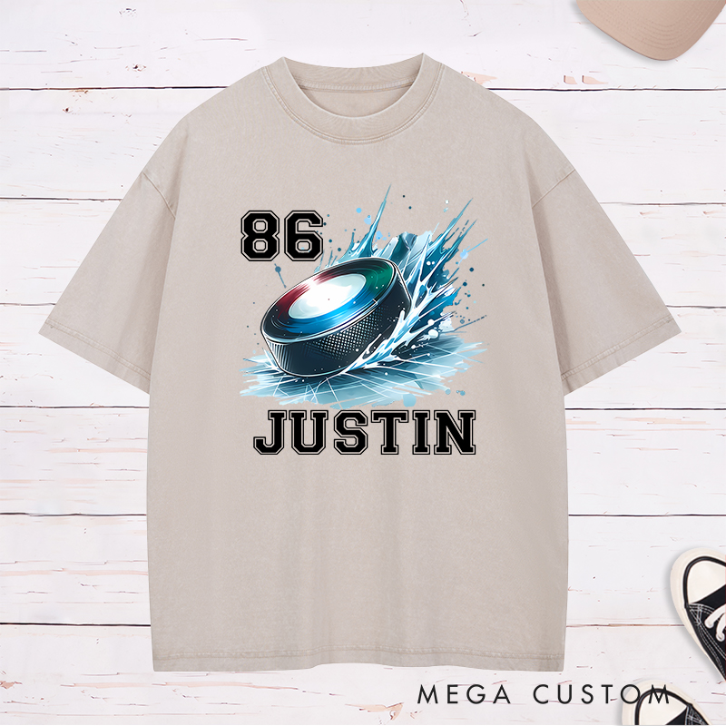 Personalized Hockey Washed T-Shirt with Splashed Ice Puck Design and Custom Name