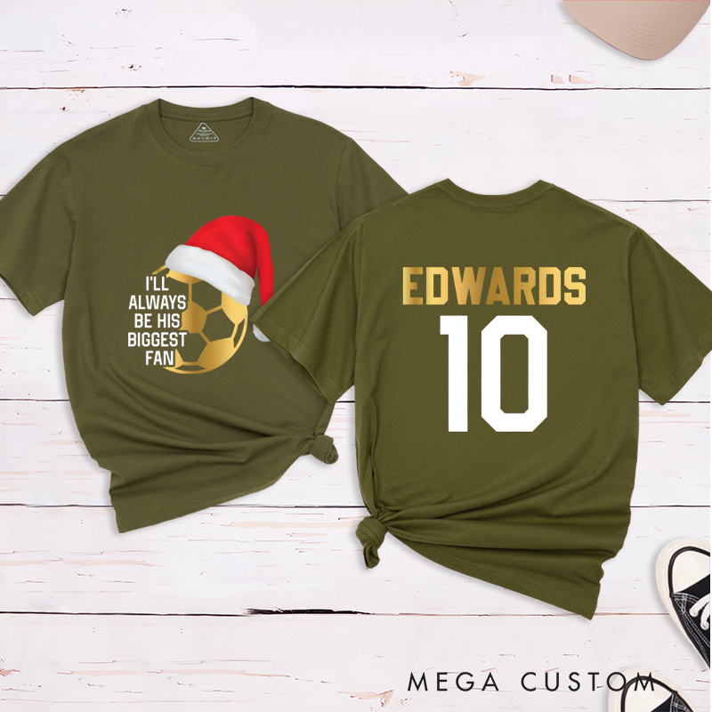 Personalized Christmas Soccer Fan T-Shirt with Custom Name and Number Design