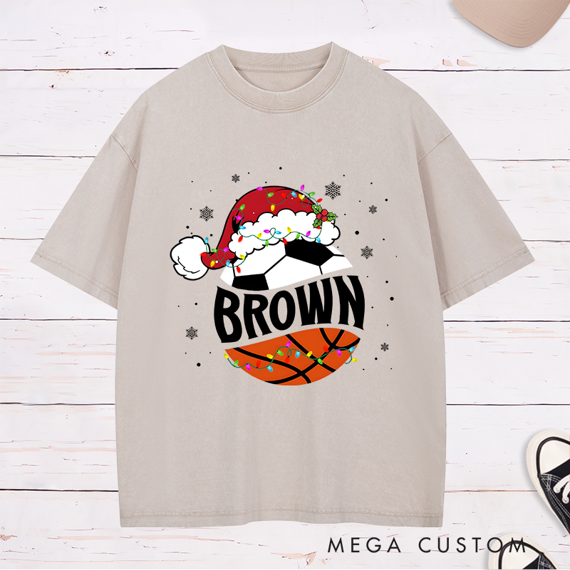 Personalized Washed T-Shirt with Custom Name, Basketball, Soccer Ball, and Santa Hat Holiday Design