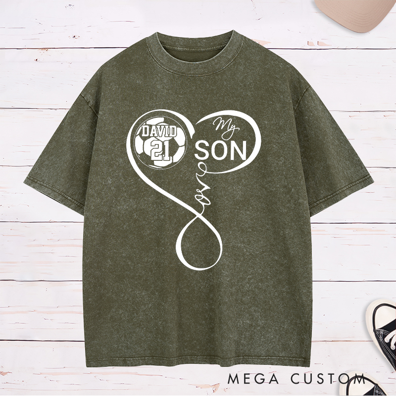 Personalized "My Son" Soccer Washed T-Shirt with Heart Design and Custom Name and Number