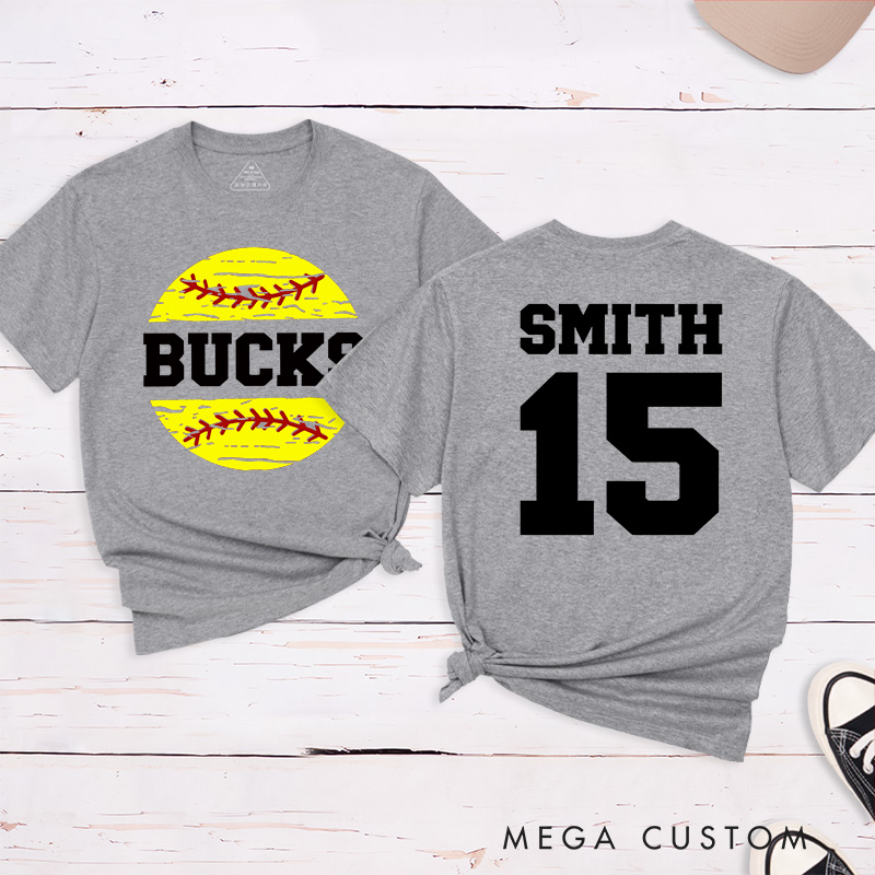 Personalized Softball Team T-Shirt Design Featuring Custom Team Name Player Name and Number with Bright Softball Graphic