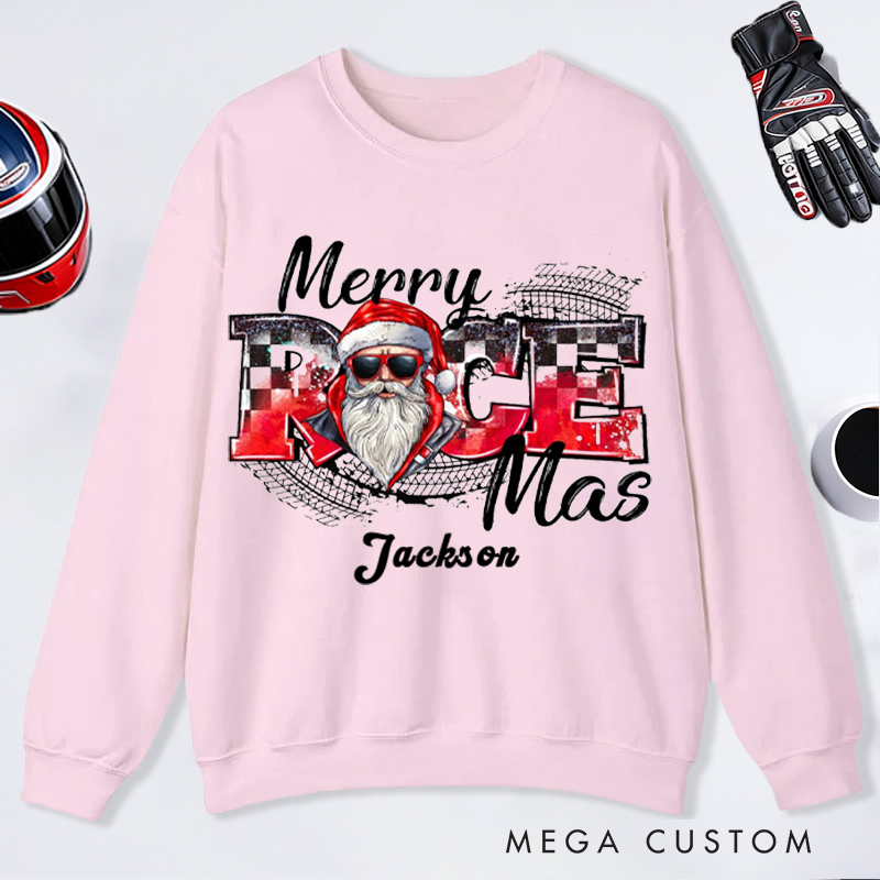 Personalized Merry Race Mas Sweatshirt Custom Name Racing Santa Christmas Pullover Gift for Racers and Racing Lovers