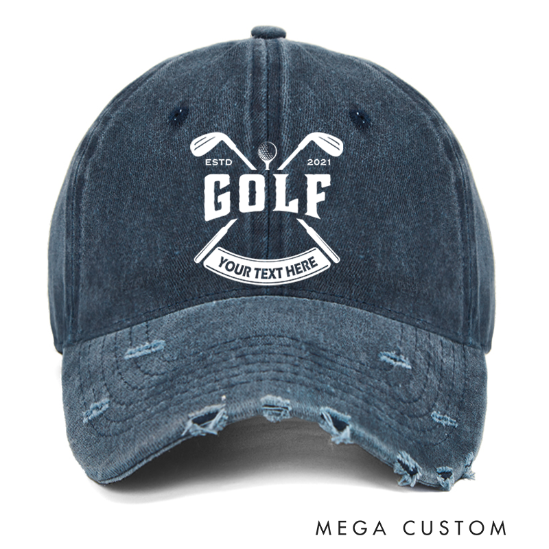 Personalized Golf Distressed Denim Baseball Cap with Customizable Text Crossed Golf Club Design and ESTD Year for Golf Enthusiasts