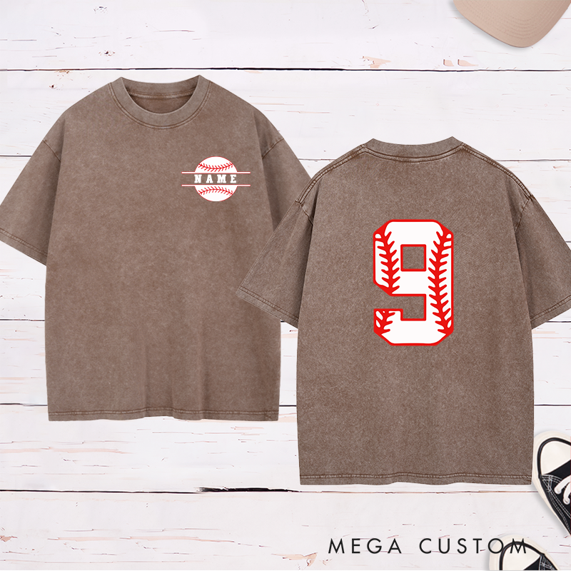 Personalized Sports Fan Washed T-Shirt with Unique Baseball-Inspired Number and Name Print