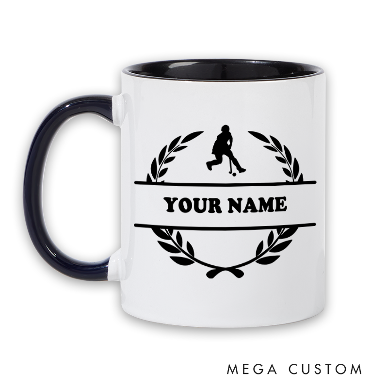 Personalized Hockey Mug with Custom Name Laurel Wreath and Player Silhouette Design Perfect Gift for Hockey Fans and Players