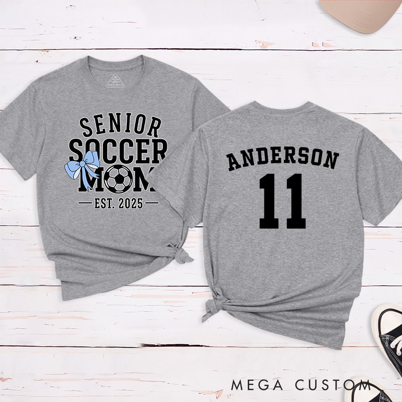 Personalized Senior Soccer Mom T-Shirt with Custom Name, Number, and Graduation Year