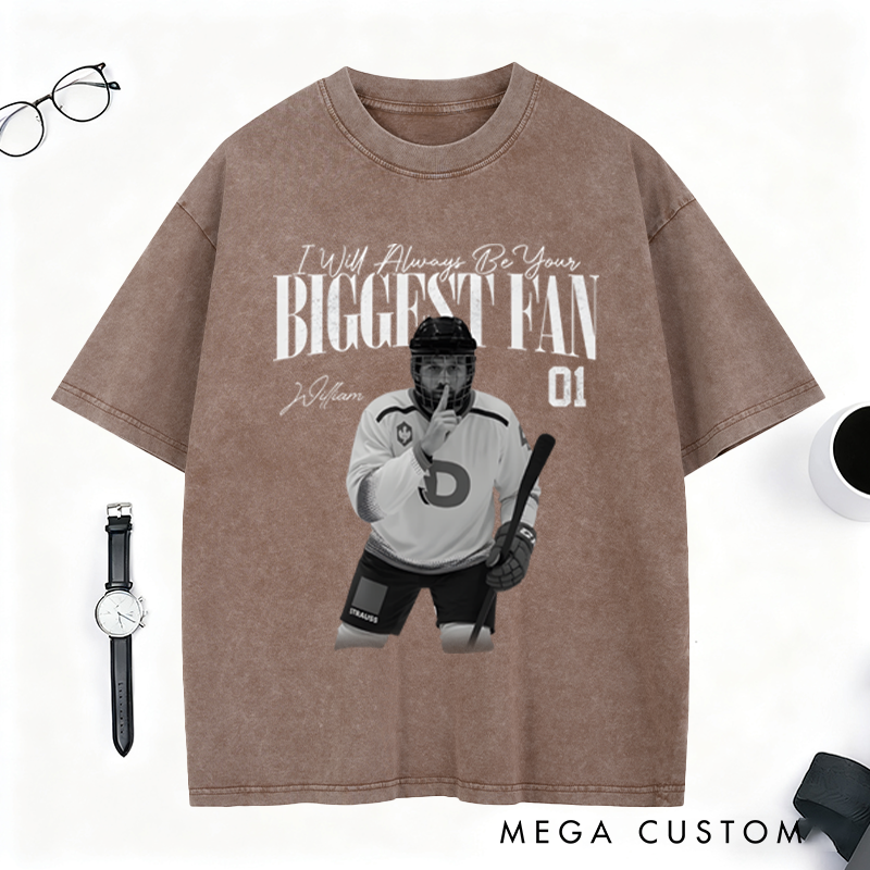 Personalized Ice Hockey Fan Washed T-Shirt with Custom Player Image, Name, and Number