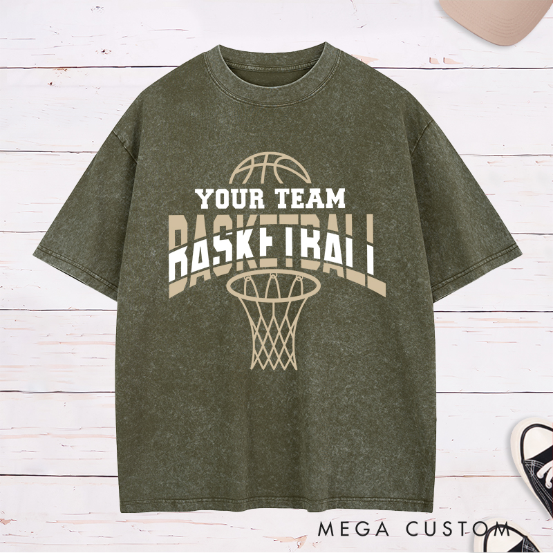 Personalized Washed T-Shirt Design Featuring Dynamic Basketball Graphics with Customizable Team Name