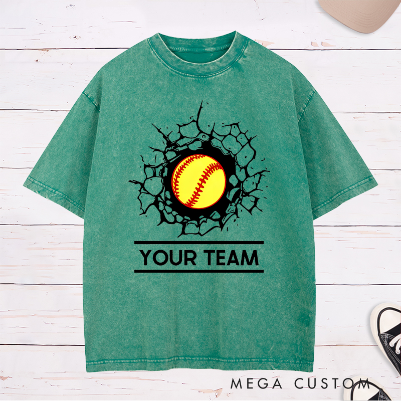 Personalized Softball Team Washed T-Shirt Design Featuring Customizable Team Name Bold Softball Graphic and Dynamic Cracked Wall Effect