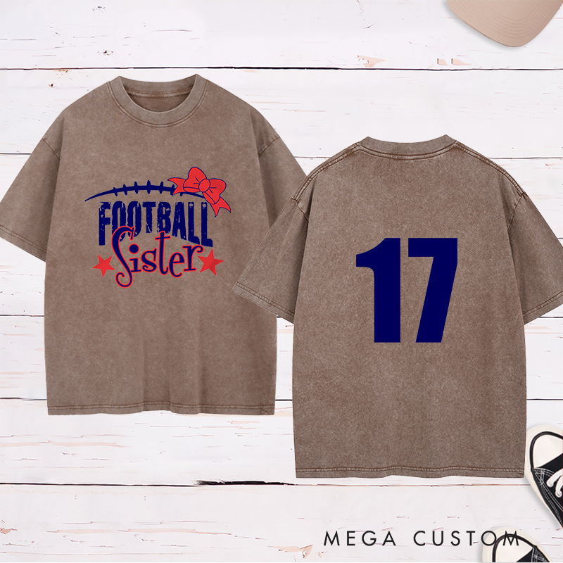 Personalized American Football and Rugby Bow Sister Washed T-Shirts with Custom Numbers