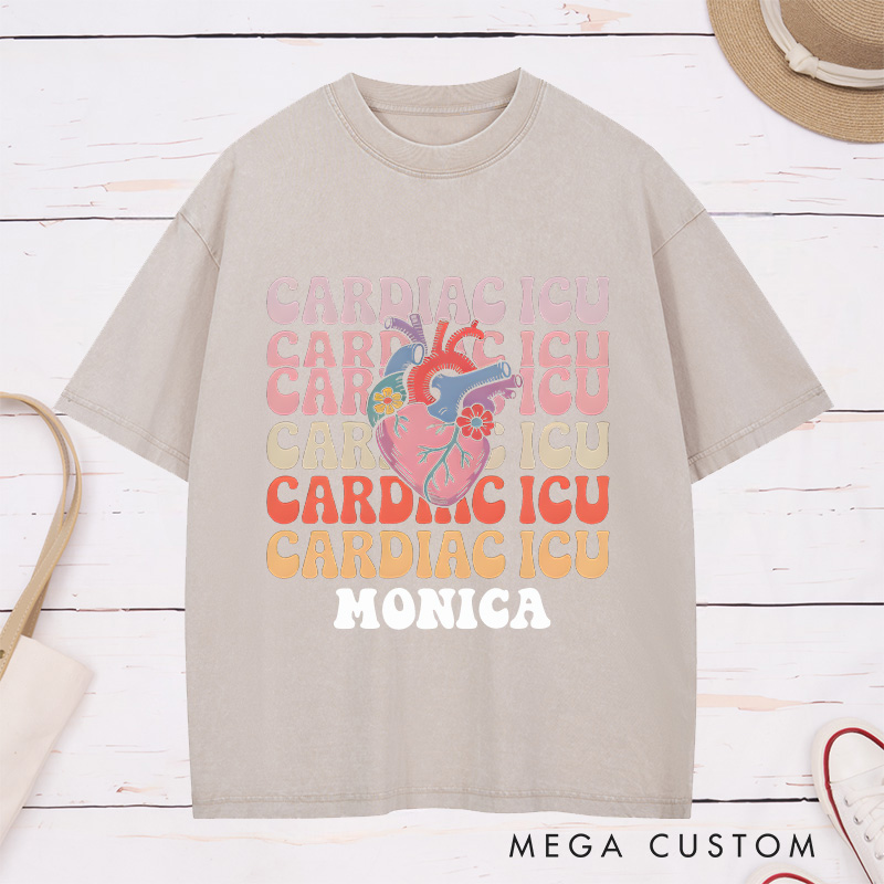 Personalized Nurse Washed T-Shirt Customized Cardiac ICU Design Washed T-Shirt 