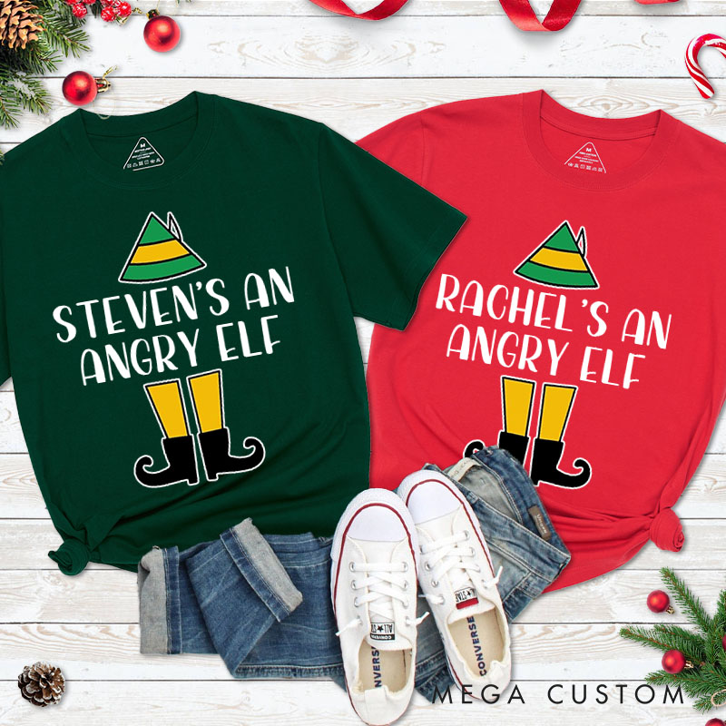 Personalized Couple She's an Angry Elf and He's an Angry Elf Christmas T-Shirt Couple Xmas Matching T-Shirt for Husband Wife Boyfriend Girlfriend Tees