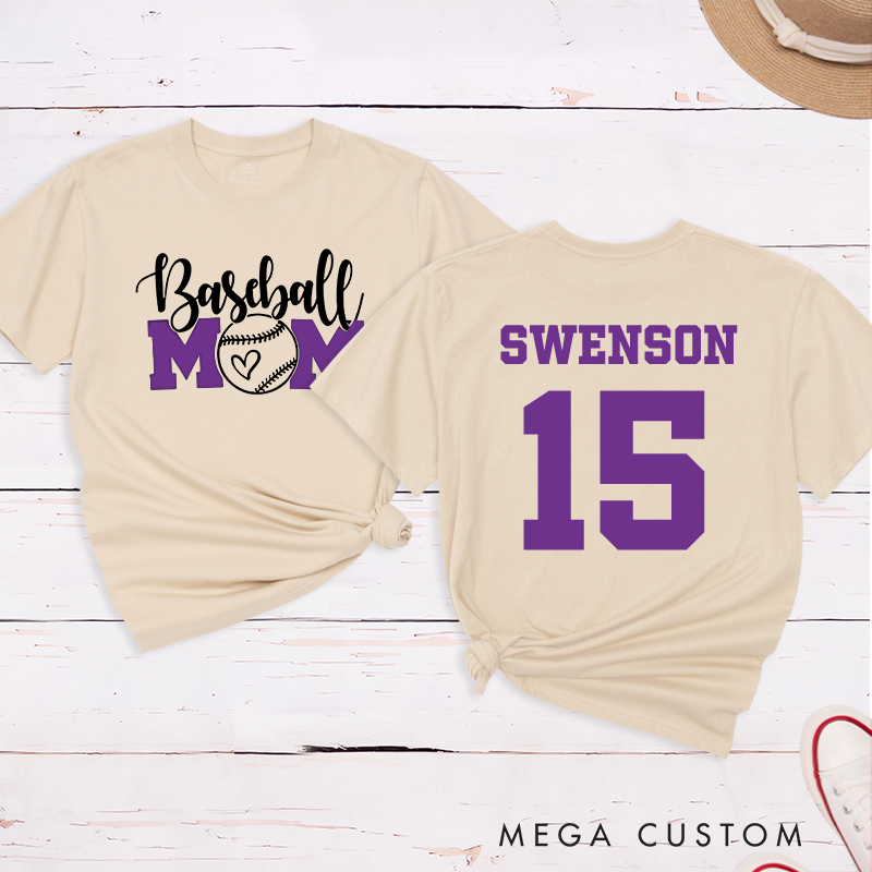 Personalized Baseball Mom T-Shirt with Heart-Inspired Design and Custom Name and Number