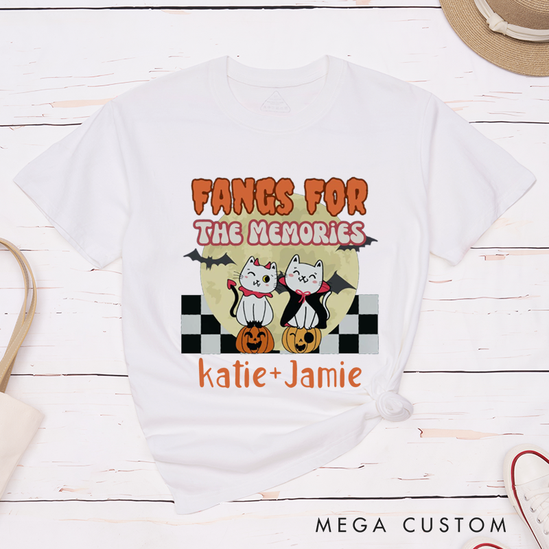 Personalized It was Love at First Bite and Fangs for the Memories Cat Design Couple Matching Halloween T-Shirt
