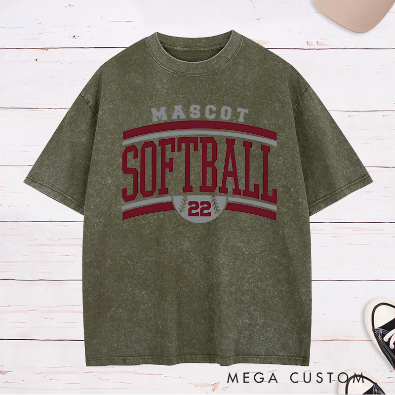 Personalized Softball Team Washed T-Shirt Design Featuring Custom Team Name Bold Typography and Customizable Jersey Number Integration