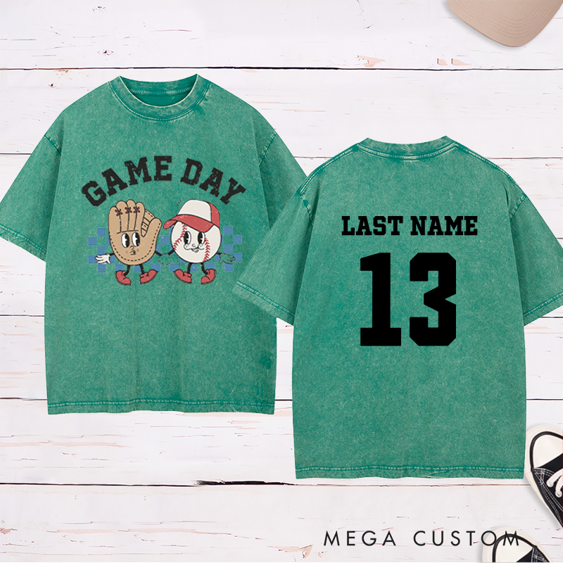 Personalized Cartoon Baseball Washed T-Shirt with Custom Name and Number   
