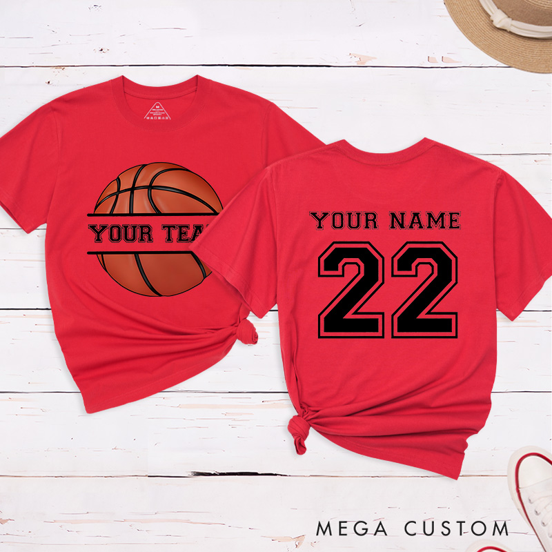 Personalized Basketball T-Shirt with Custom Team Name Player Name and Jersey Number Featuring a Classic Basketball Graphic