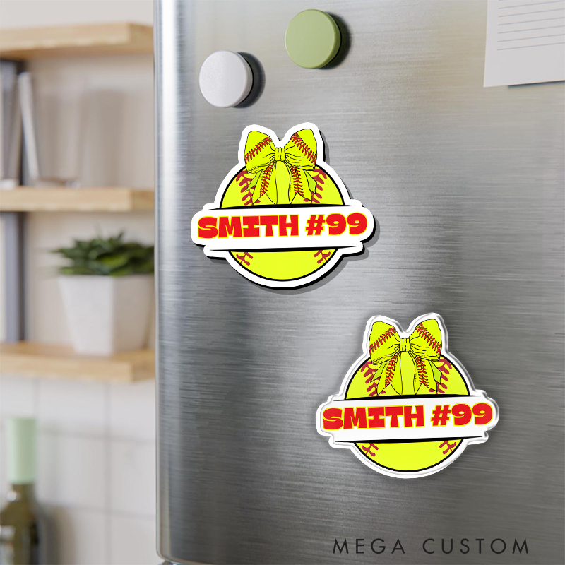 Personalized Softball Refrigerator Magnet with Custom Name Number Bright Yellow Softball and Bow Accent Design