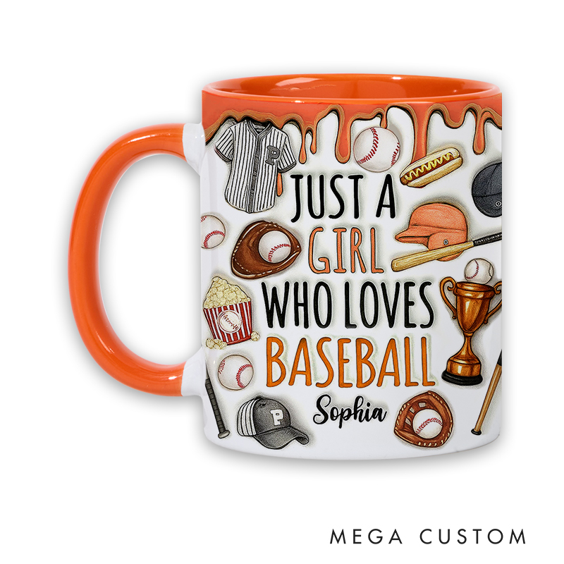 Personalized Baseball Lover’s Mug with "Just a Girl Who Loves Baseball" Design and Custom Name