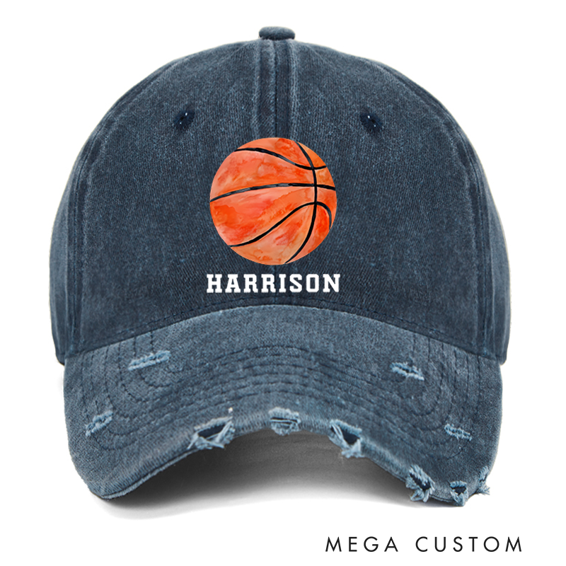 Personalized Distressed Denim Baseball Cap with Custom Name and Basketball Design