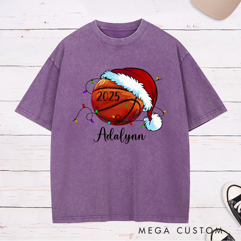 Personalized Festive Washed T-Shirt with Custom Name, Year, and Basketball Santa Hat Design