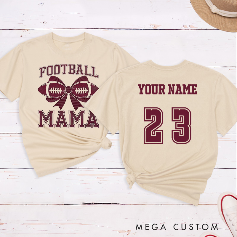Personalized American Football Bow Mom T-Shirts Featuring Custom Name and Number for Game Day Glam
