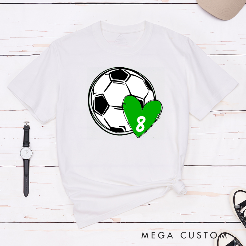 Personalized Soccer Love T-Shirt with Custom Number in Heart