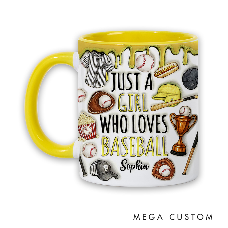 Personalized Baseball Lover’s Mug with "Just a Girl Who Loves Baseball" Design and Custom Name