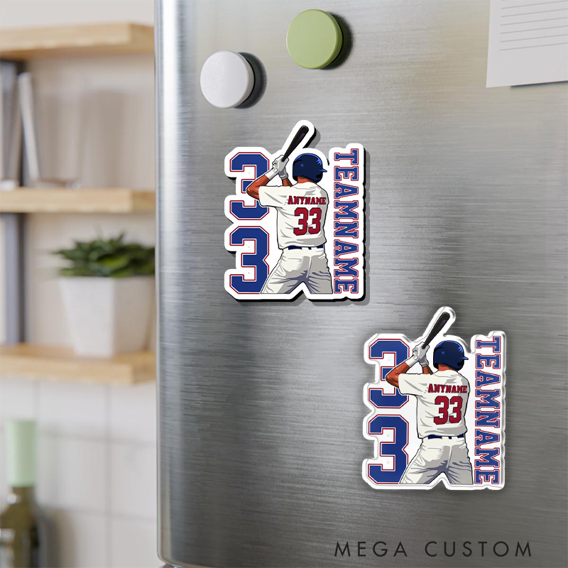 Personalized Baseball Fridge Magnet with Player Swinging Pose and Custom Name 