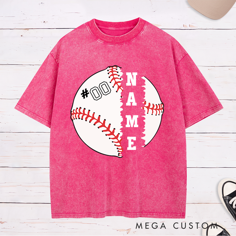 Personalized Baseball Graphic Washed T-Shirt with Split Design and Custom Name and Number