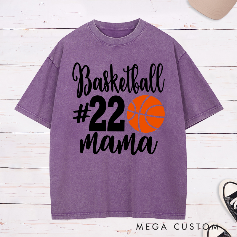 Personalized Washed T-Shirt Design Featuring Basketball Graphic Custom Number and "Basketball Mama" Text for a Stylish and Sporty Look