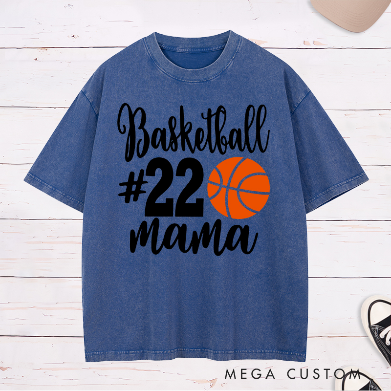 Personalized Washed T-Shirt Design Featuring Basketball Graphic Custom Number and "Basketball Mama" Text for a Stylish and Sporty Look