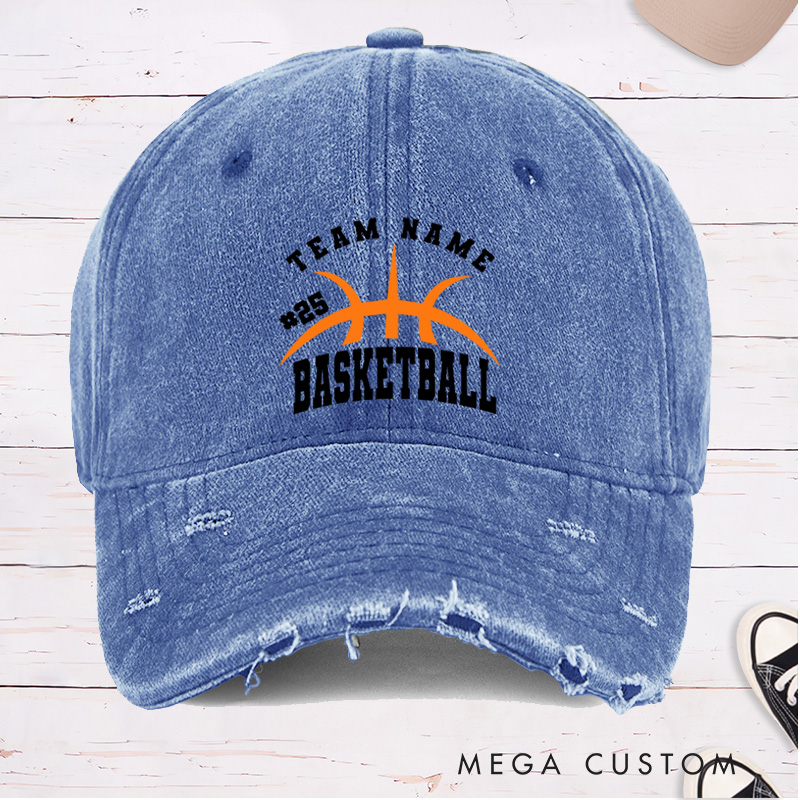 Personalized Distressed Denim Basketball Cap with Custom Team Name Player Number and Basketball Graphic Design