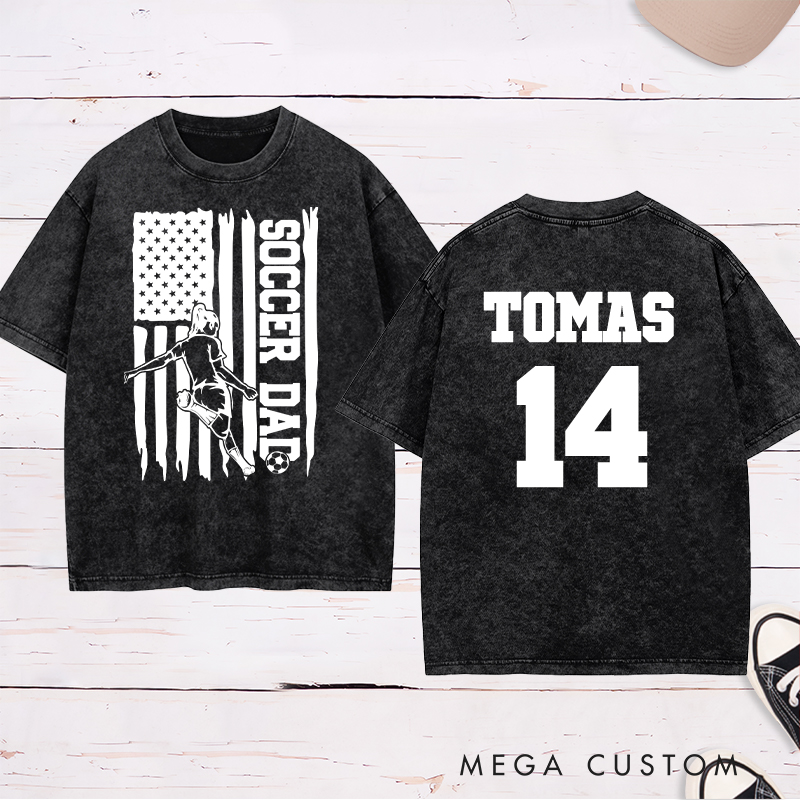 Personalized Soccer Dad Washed T-Shirt with Patriotic Flag Design and Custom Name