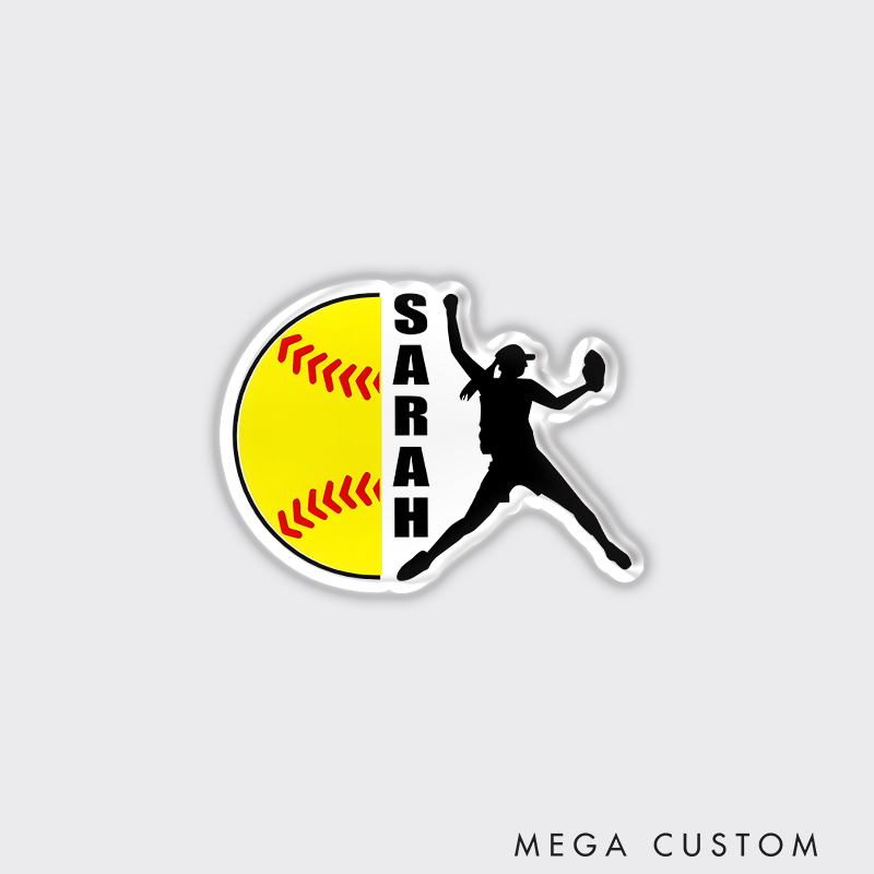 Personalized Softball Refrigerator Magnet with Custom Name Vertical Text and Player Silhouette Design