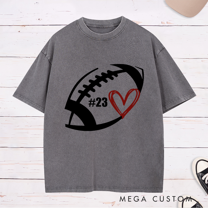 Personalized American Football and Rugby Washed T-Shirts Featuring Custom Number on the Front
