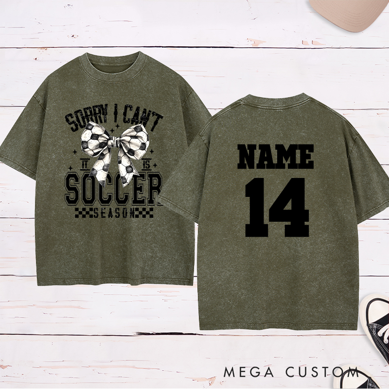 Personalized Soccer Season Washed T-Shirt with Stylish Bow Design and Custom Name and Number